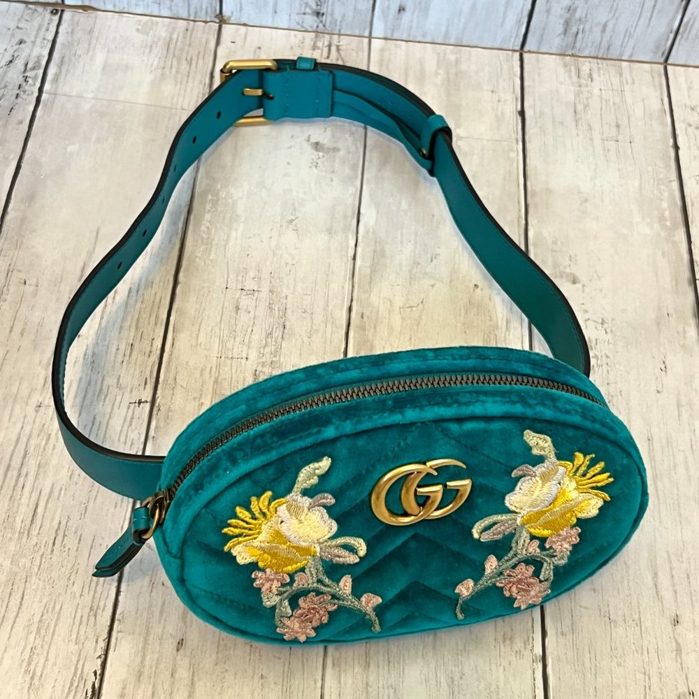 Gucci GG Marmont Authentic Monogram Floral Embroidered Teal Chevron Belt Bag NEW - Picture 4 of 15